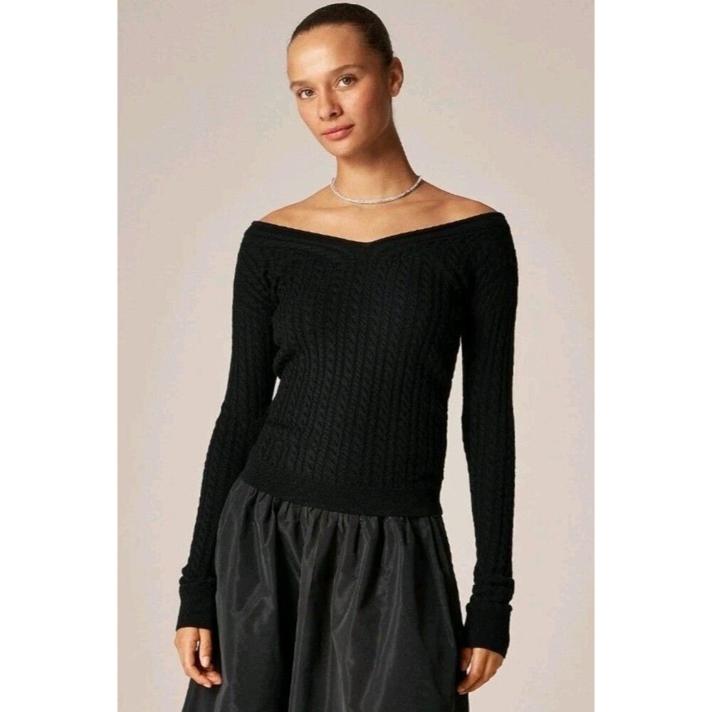 J.Crew Cable Knit Wide V-Neck Sweater Merino Wool Black CP107 $128 Size M NWT